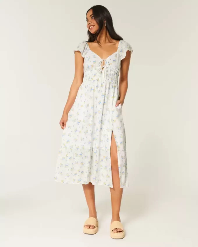 Midikleid mit Flatterärmeln und Doppelschnürung