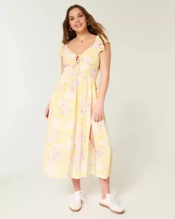 Midikleid mit Flatterärmeln und Doppelschnürung