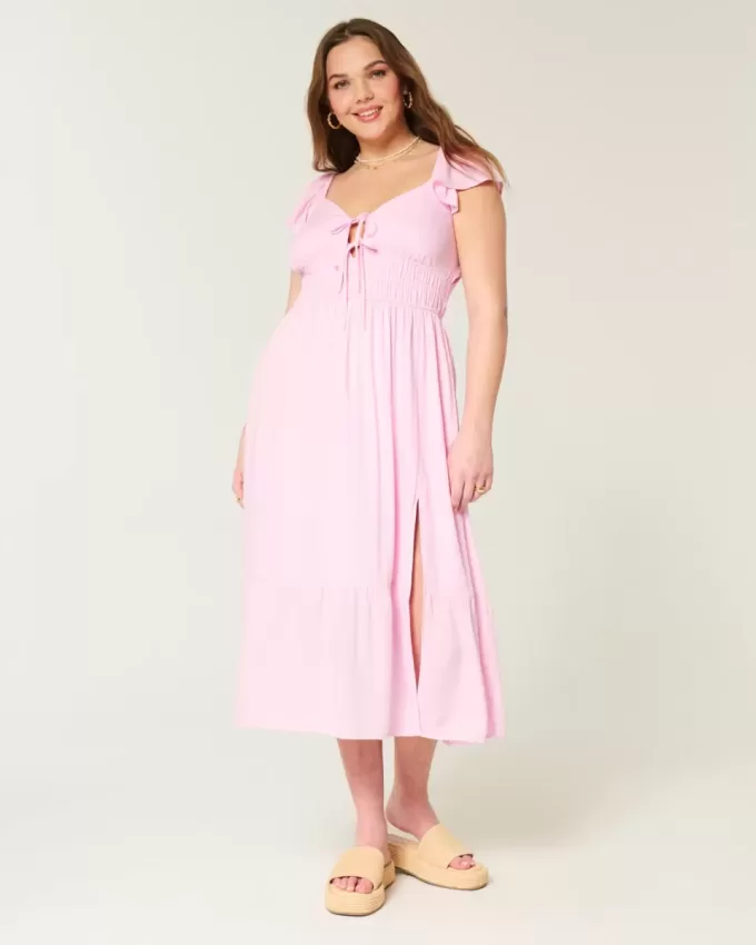 Midikleid mit Flatterärmeln und Doppelschnürung