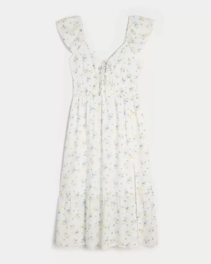 Midikleid mit Flatterärmeln und Doppelschnürung