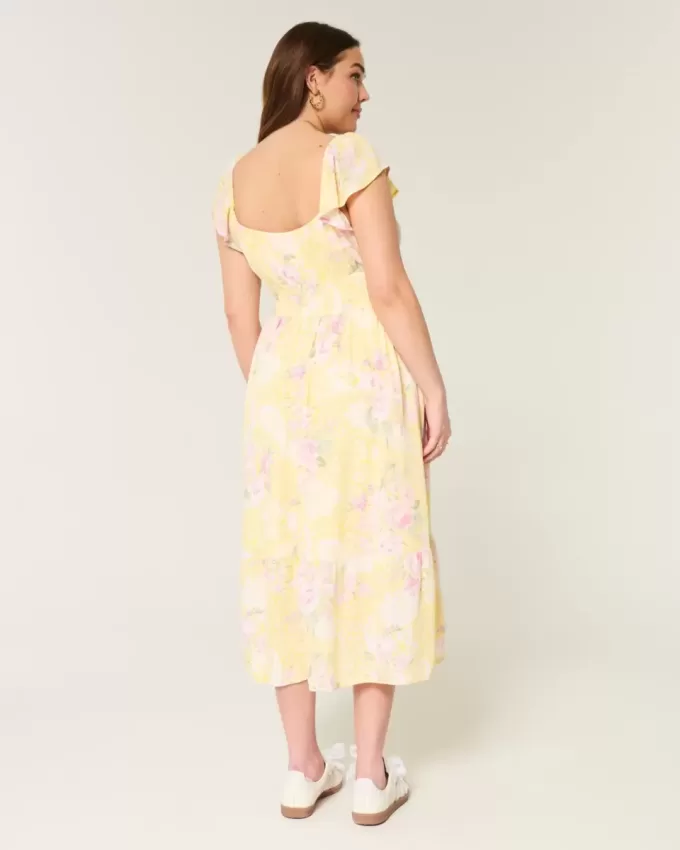 Midikleid mit Flatterärmeln und Doppelschnürung