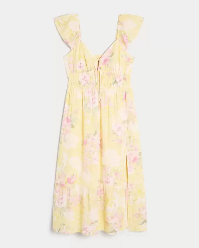 Midikleid mit Flatterärmeln und Doppelschnürung