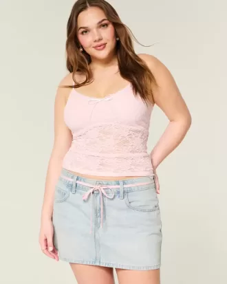 Mini-Skort aus Denim mit heller Waschung und Schnürsenkeln