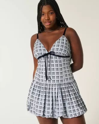 Minikleid mit V-Ausschnitt und Bubble-Muster