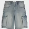 Mittel gewaschene Super Baggy-Cargo-Shorts aus Denim Mittel gewaschene Super Baggy-Cargo-Shorts aus Denim