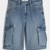 Mittel gewaschene Super Baggy-Cargo-Shorts aus Denim Mittel gewaschene Super Baggy-Cargo-Shorts aus Denim