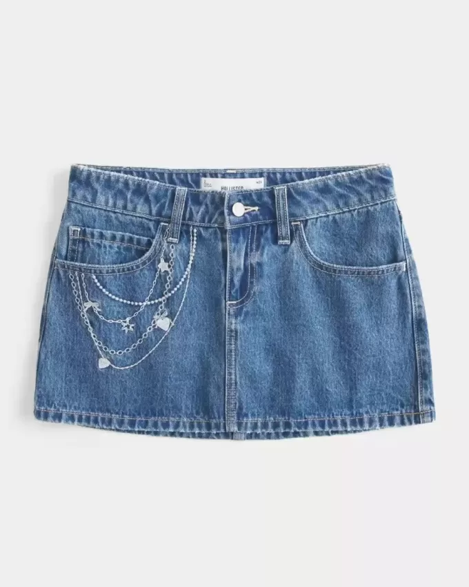 Mittelwaschbarer Mini-Denim-Skort mit Kettenstickerei