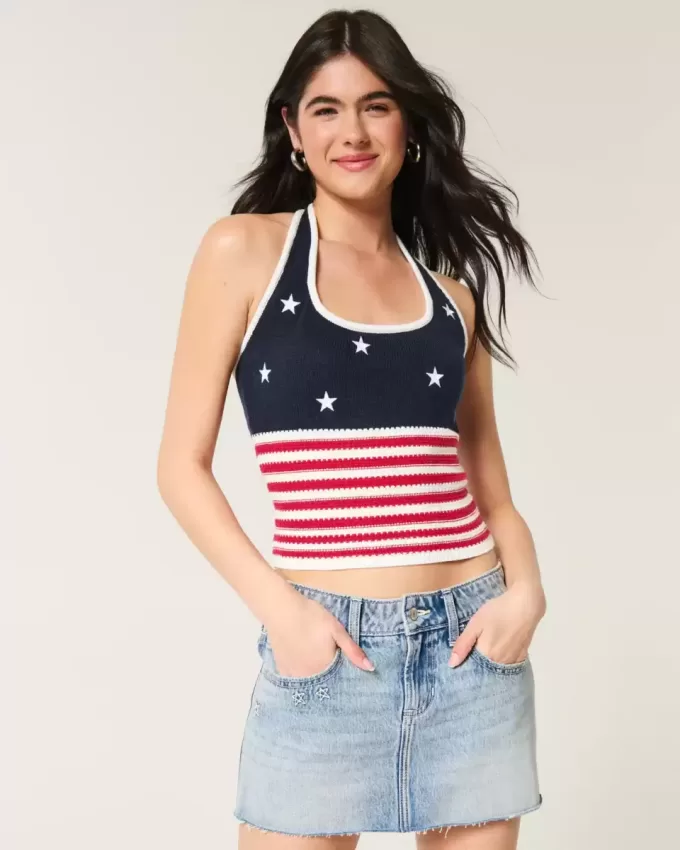 Neckholder-Top im Häkelstil mit amerikanischem Flaggenmuster