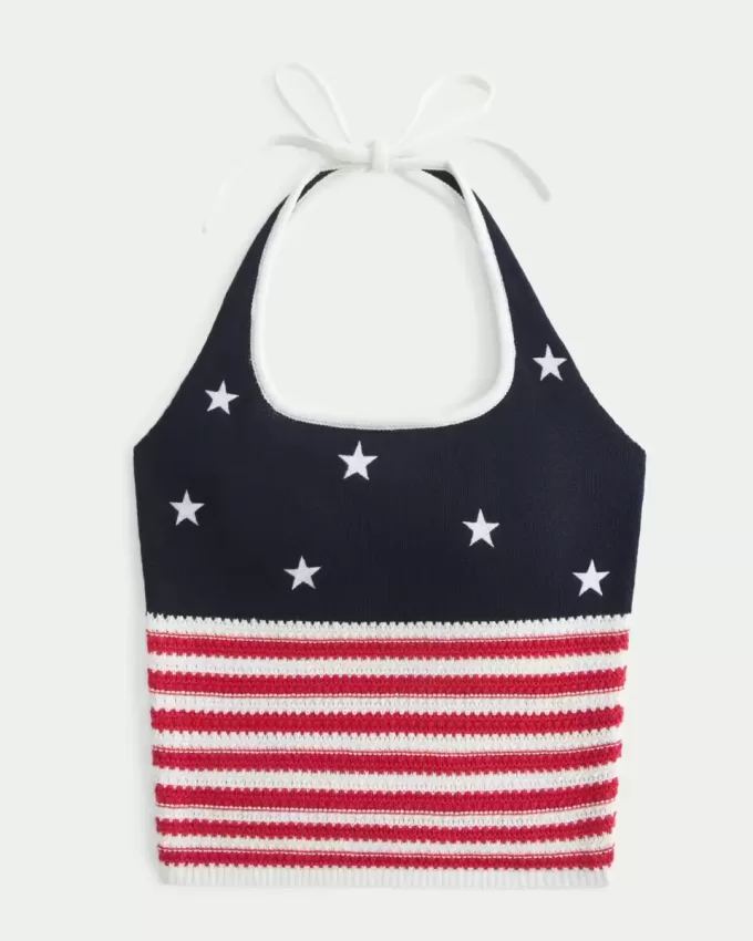 Neckholder-Top im Häkelstil mit amerikanischem Flaggenmuster