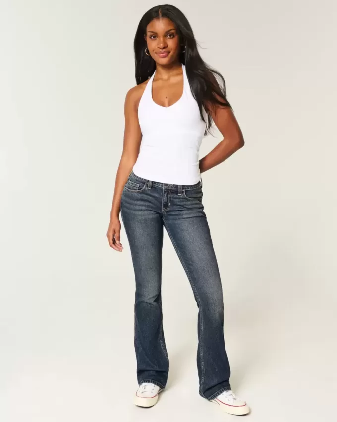 Niedrig geschnittene Bootcut-Jeans in dunkler Waschung mit Stickerei