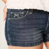 Niedrig geschnittene, dunkel gewaschene, bestickte Denim-Shorts Niedrig geschnittene, dunkel gewaschene, bestickte Denim-Shorts