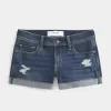 Niedrig geschnittene, zerrissene Shortie-Shorts aus dunkel gewaschenem Denim