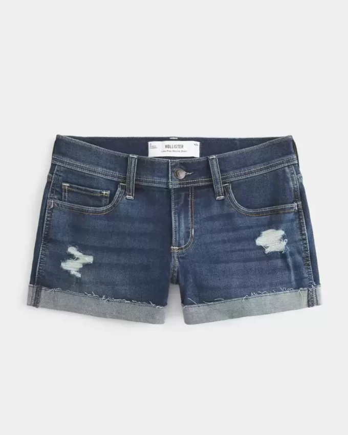 Niedrig geschnittene, zerrissene Shortie-Shorts aus dunkel gewaschenem Denim
