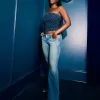 Niedrige Bootcut-Jeans mit mittlerer Waschung und Blumenstickerei