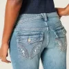 Niedrige Bootcut-Jeans mit mittlerer Waschung und Blumenstickerei