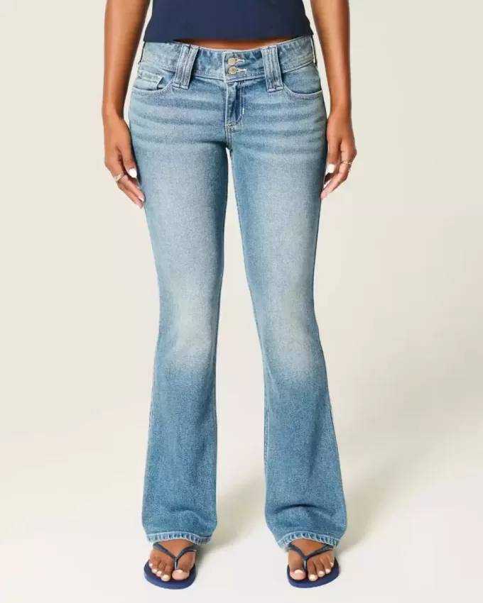 Niedrige Bootcut-Jeans mit mittlerer Waschung und Blumenstickerei
