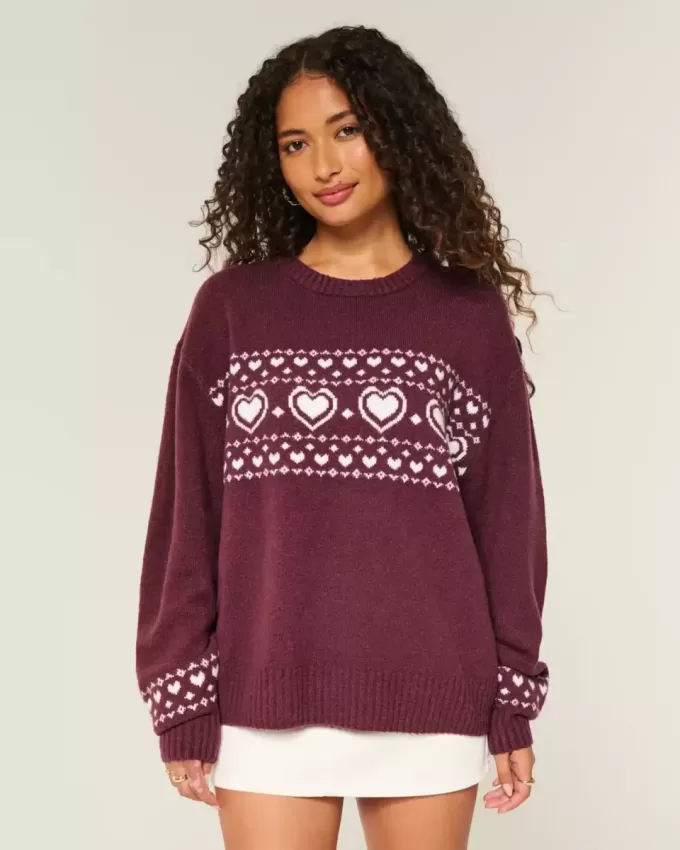 Oversize-Pullover mit Rundhalsausschnitt und Herzmuster