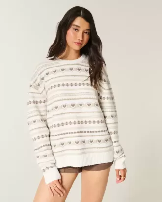 Oversize-Pullover mit Rundhalsausschnitt und Herzmuster