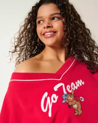 Oversize-Sweatshirt mit V-Ausschnitt und „Go Team“-Grafik