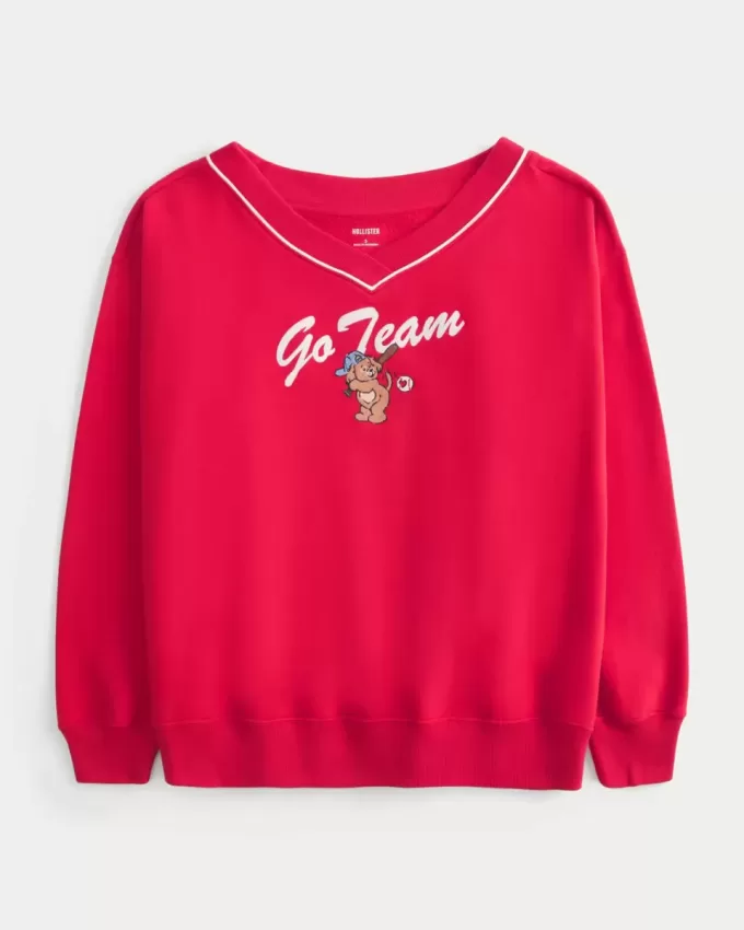 Oversize-Sweatshirt mit V-Ausschnitt und „Go Team“-Grafik