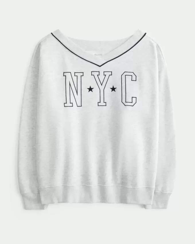 Oversize-Sweatshirt mit V-Ausschnitt und NYC-Grafik Oversize-Sweatshirt mit V-Ausschnitt und NYC-Grafik