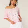 Oversize-T-Shirt mit schulterfreiem College-Blumenmuster