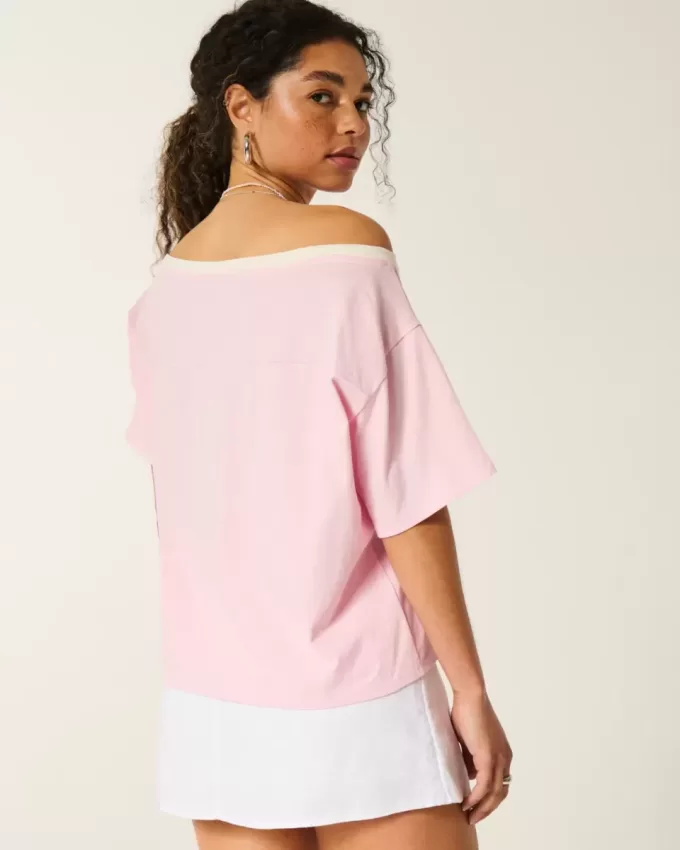 Oversize-T-Shirt mit schulterfreiem College-Blumenmuster