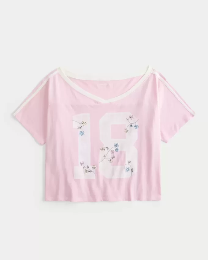 Oversize-T-Shirt mit schulterfreiem College-Blumenmuster