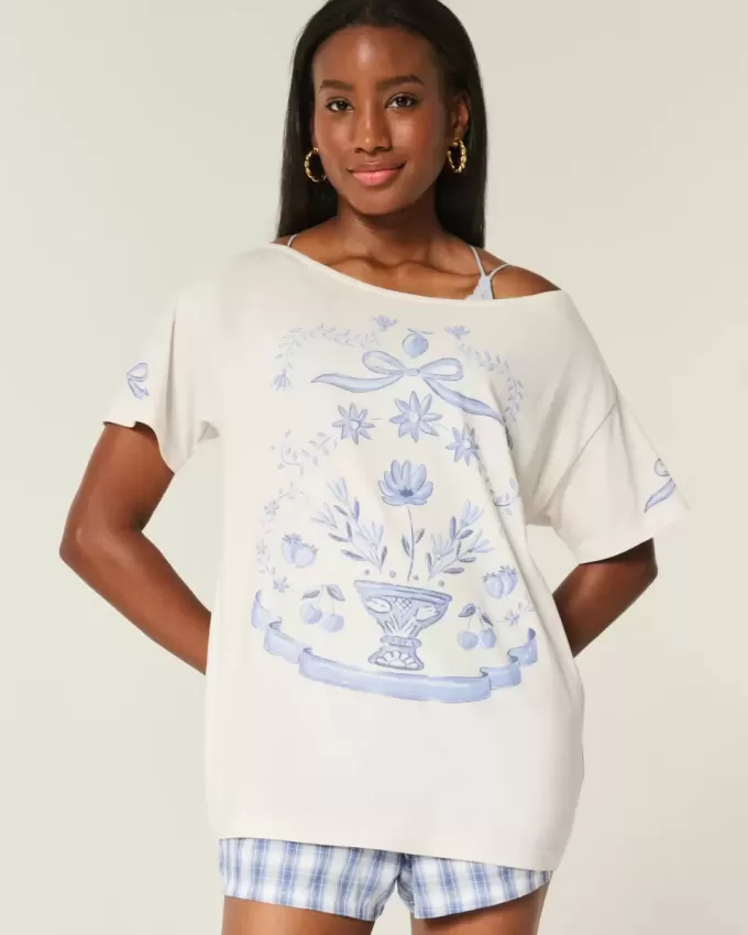 Oversize-T-Shirt mit schulterfreiem Schnitt und Grafik