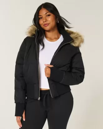 Puffer-Bomberjacke mit Kunstpelzbesatz