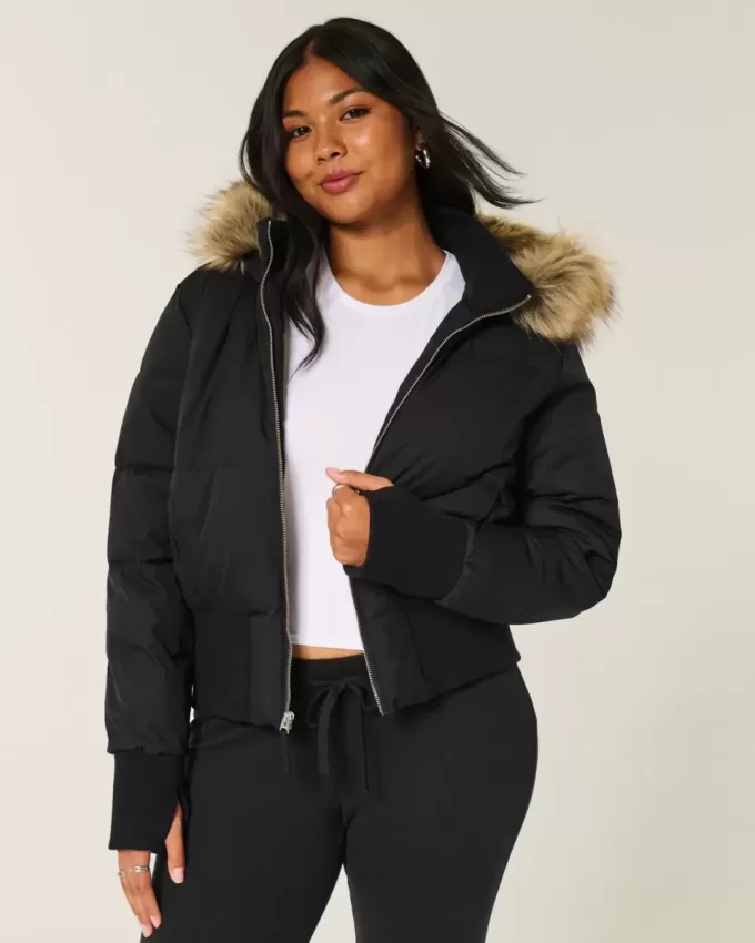Puffer-Bomberjacke mit Kunstpelzbesatz