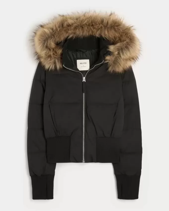 Puffer-Bomberjacke mit Kunstpelzbesatz