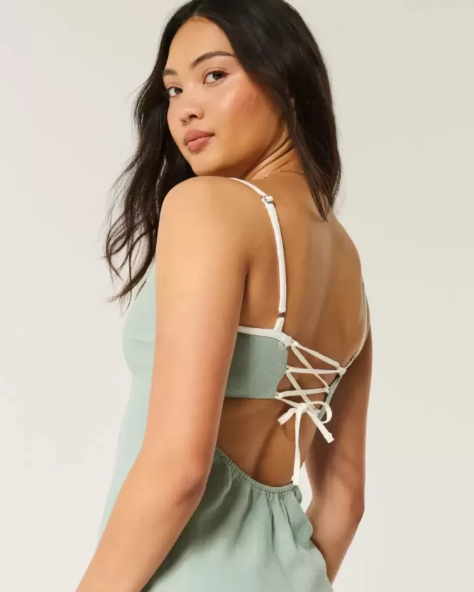 Rückenfreies Midi-Slipkleid aus Leinenmischung Rückenfreies Midi-Slipkleid aus Leinenmischung