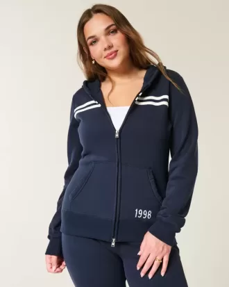 Schmaler gestreifter Kapuzenpullover mit Reißverschluss und Grafik „1998“