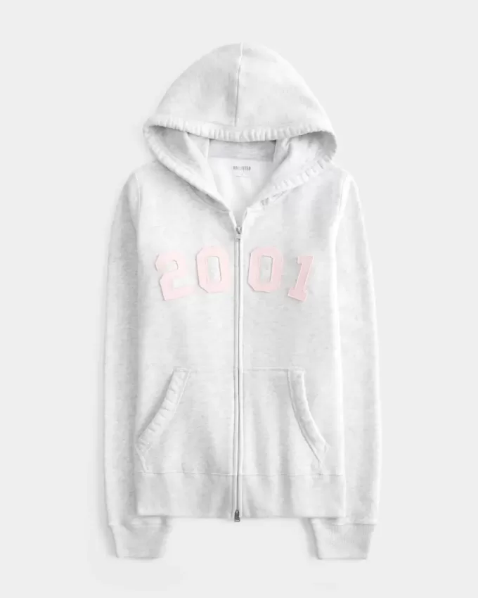 Schmaler Kapuzenpullover mit Reißverschluss und Grafik „2001“