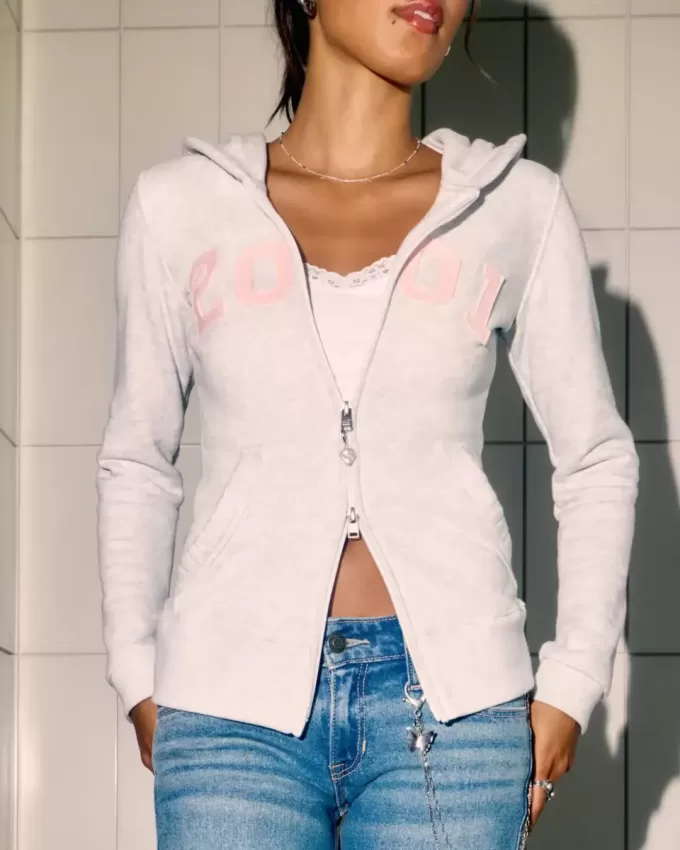 Schmaler Kapuzenpullover mit Reißverschluss und Grafik „2001“