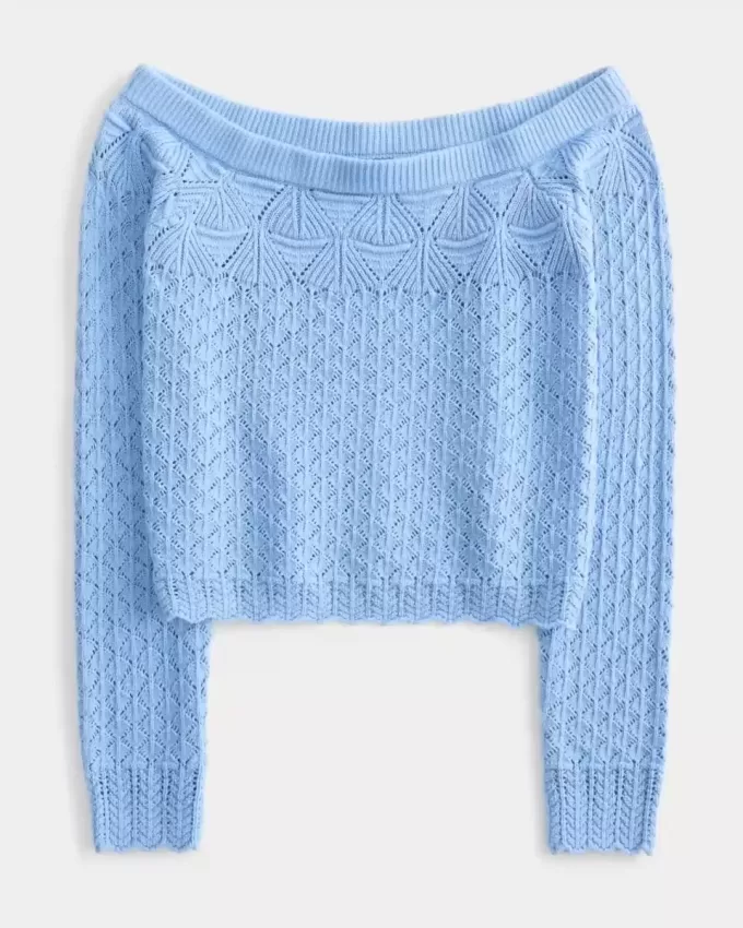 Schulterfreier Pullover im Häkelstil Schulterfreier Pullover im Häkelstil