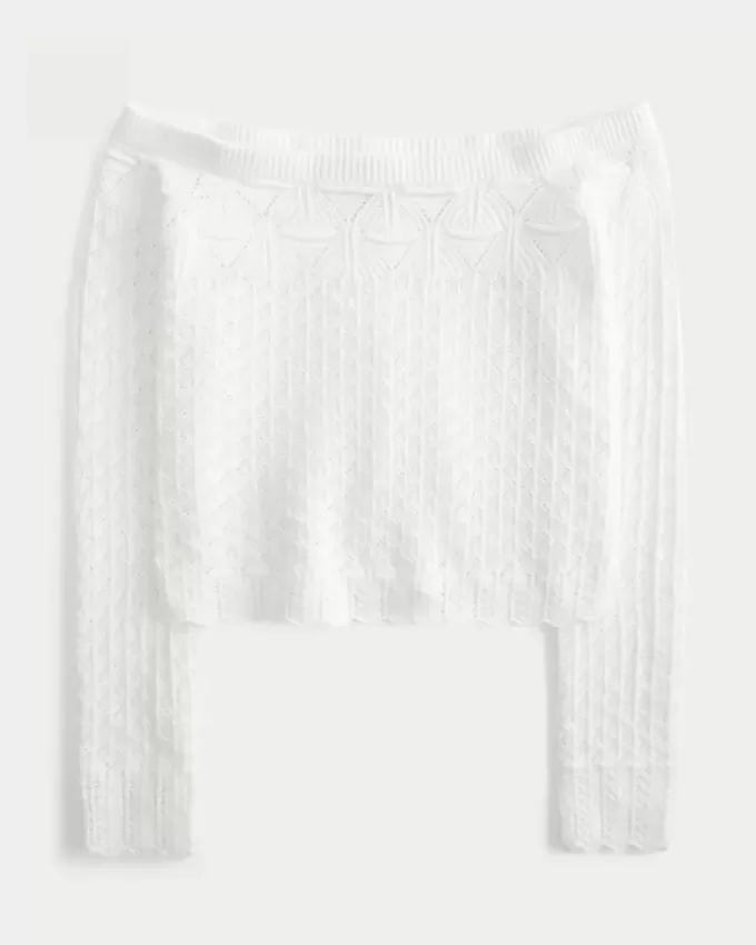 Schulterfreier Pullover im Häkelstil Schulterfreier Pullover im Häkelstil