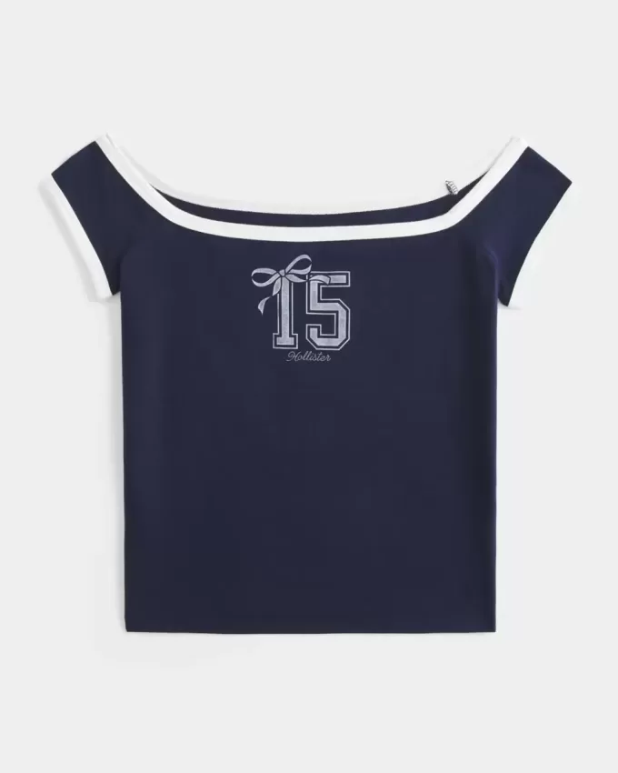 Schulterfreies T-Shirt mit Logo-Grafik Schulterfreies T-Shirt mit Logo-Grafik