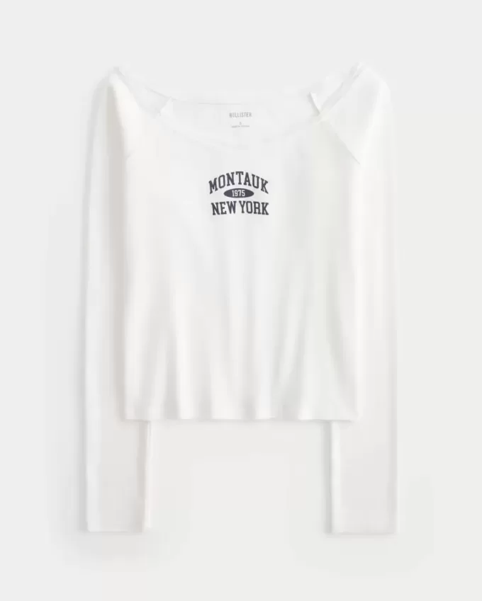 Schulterfreies T-Shirt mit Montauk-Grafik und Spitzenbesatz Schulterfreies T-Shirt mit Montauk-Grafik und Spitzenbesatz