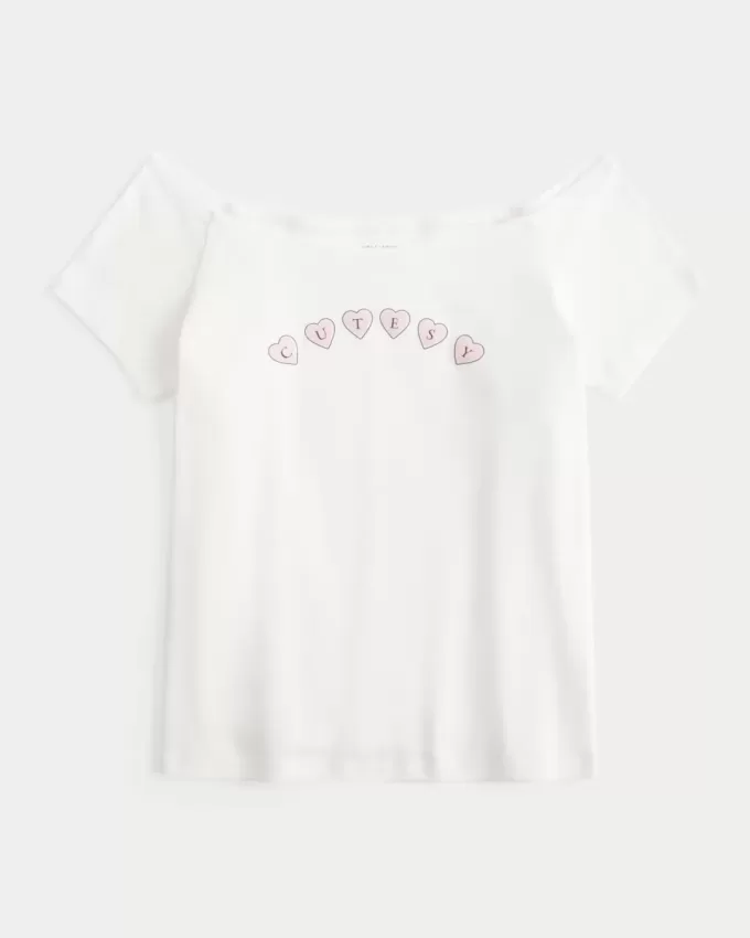 Schulterfreies T-Shirt mit niedlicher Grafik Schulterfreies T-Shirt mit niedlicher Grafik