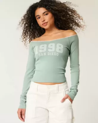 Schulterfreies T-Shirt mit San Diego-Grafik und Spitzenbesatz