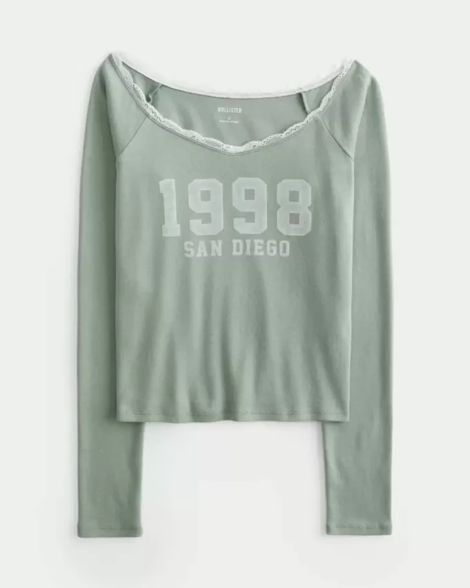 Schulterfreies T-Shirt mit San Diego-Grafik und Spitzenbesatz Schulterfreies T-Shirt mit San Diego-Grafik und Spitzenbesatz