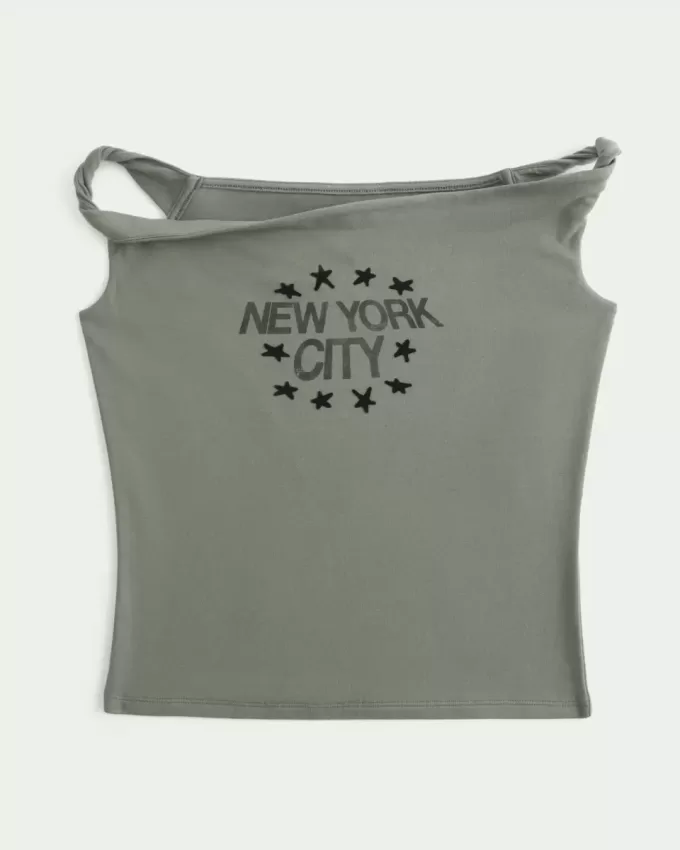 Schulterfreies T-Shirt mit verdrehter New York City-Grafik Schulterfreies T-Shirt mit verdrehter New York City-Grafik