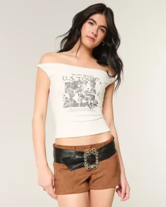 Schulterfreies T-Shirt „Velvet Valley“ mit verdrehter Grafik