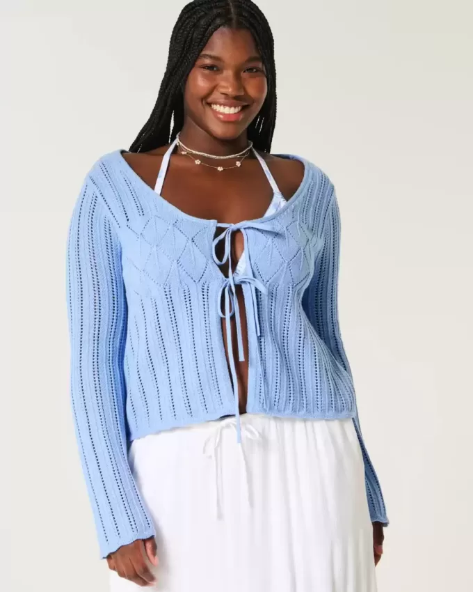 Strukturierter Pullover im Häkelstil mit Bindeband vorn Strukturierter Pullover im Häkelstil mit Bindeband vorn