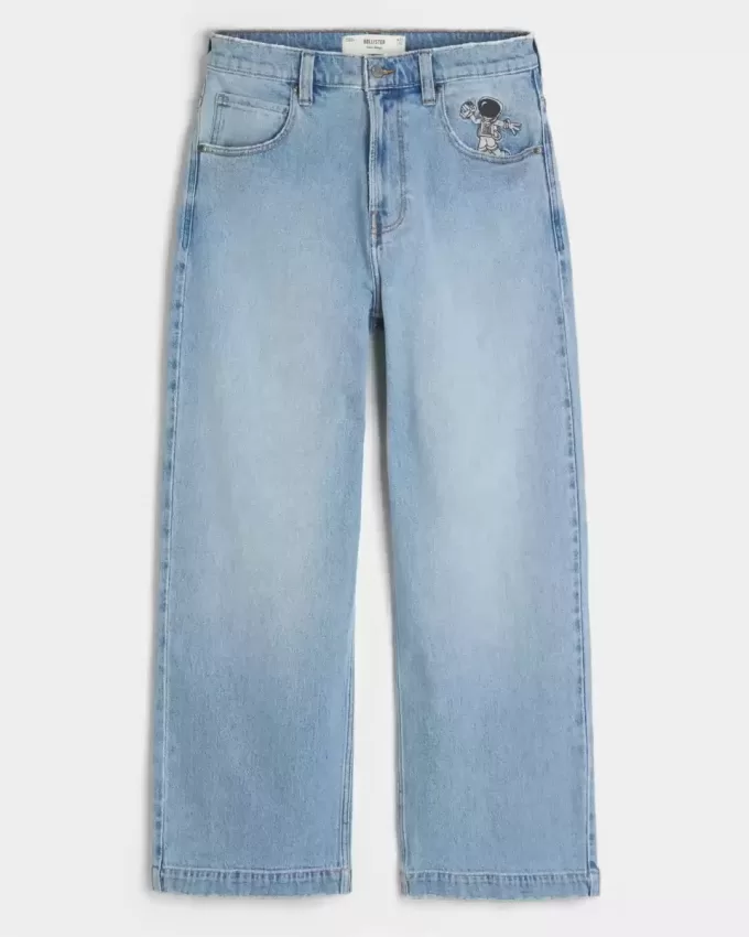 Super Baggy-Jeans mit Astronauten-Grafik in heller Waschung