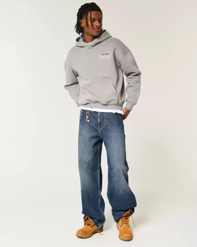 Super Baggy-Jeans mit Logo-Stickerei in dunkler Waschung