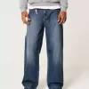 Super Baggy-Jeans mit Logo-Stickerei in dunkler Waschung