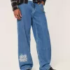 Super Baggy-Jeans mit NYC-Grafik in mittlerer Waschung